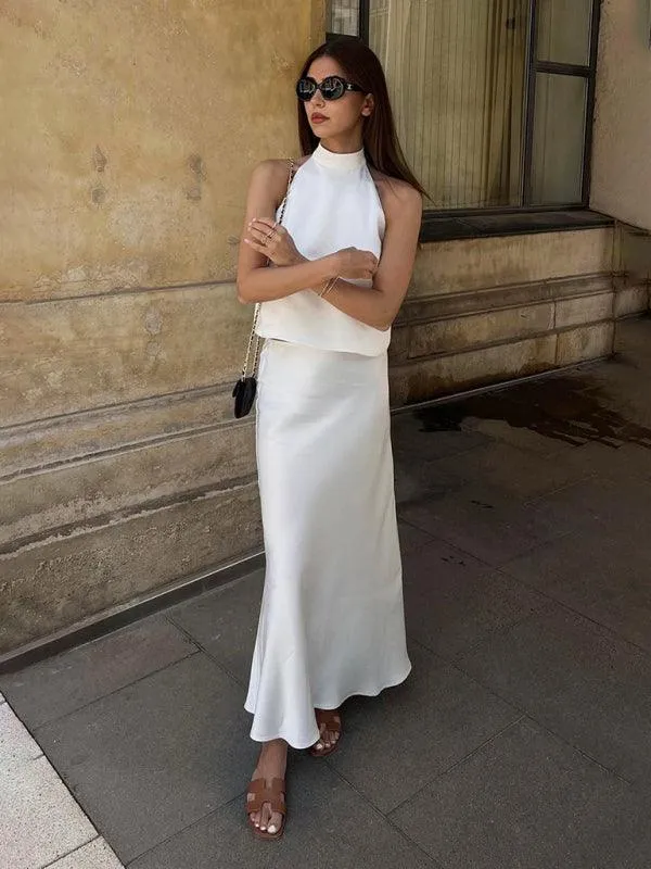 Elegant Backless Halter Top and High-Waisted Satin Skirt Set for Women