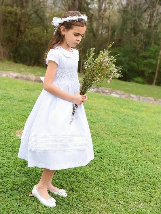 Flower Girl Dress, White Smocked Girl Dresses,  Cotton Fabric  Completely lining, add petticoat and Headpiece