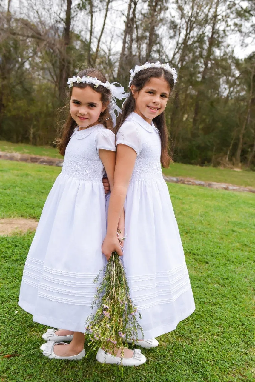 Flower Girl Dress, White Smocked Girl Dresses,  Cotton Fabric  Completely lining, add petticoat and Headpiece