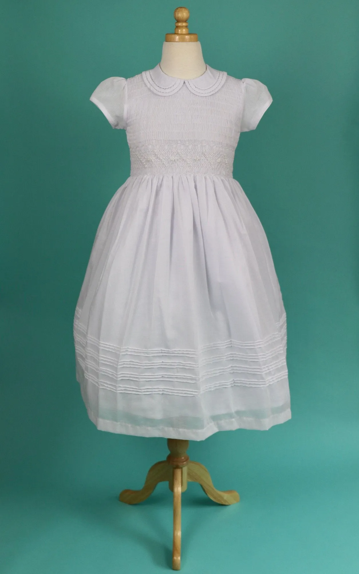 Flower Girl Dress, White Smocked Girl Dresses,  Cotton Fabric  Completely lining, add petticoat and Headpiece