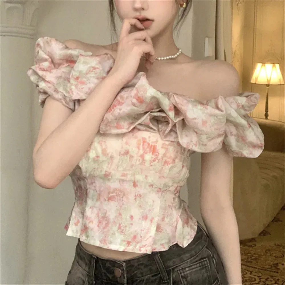 Girlary S-M Women Slash Neck Florals Blouses Summer Off Shoulders Short Sleeve Sweet Party Ruffles Slim New Daily Mujer