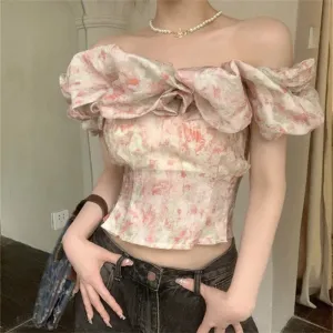 Girlary S-M Women Slash Neck Florals Blouses Summer Off Shoulders Short Sleeve Sweet Party Ruffles Slim New Daily Mujer