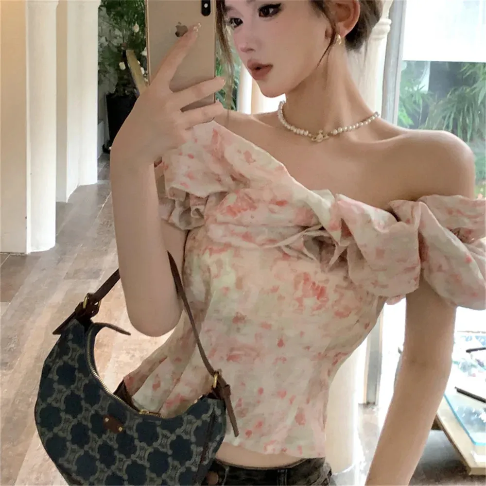 Girlary S-M Women Slash Neck Florals Blouses Summer Off Shoulders Short Sleeve Sweet Party Ruffles Slim New Daily Mujer
