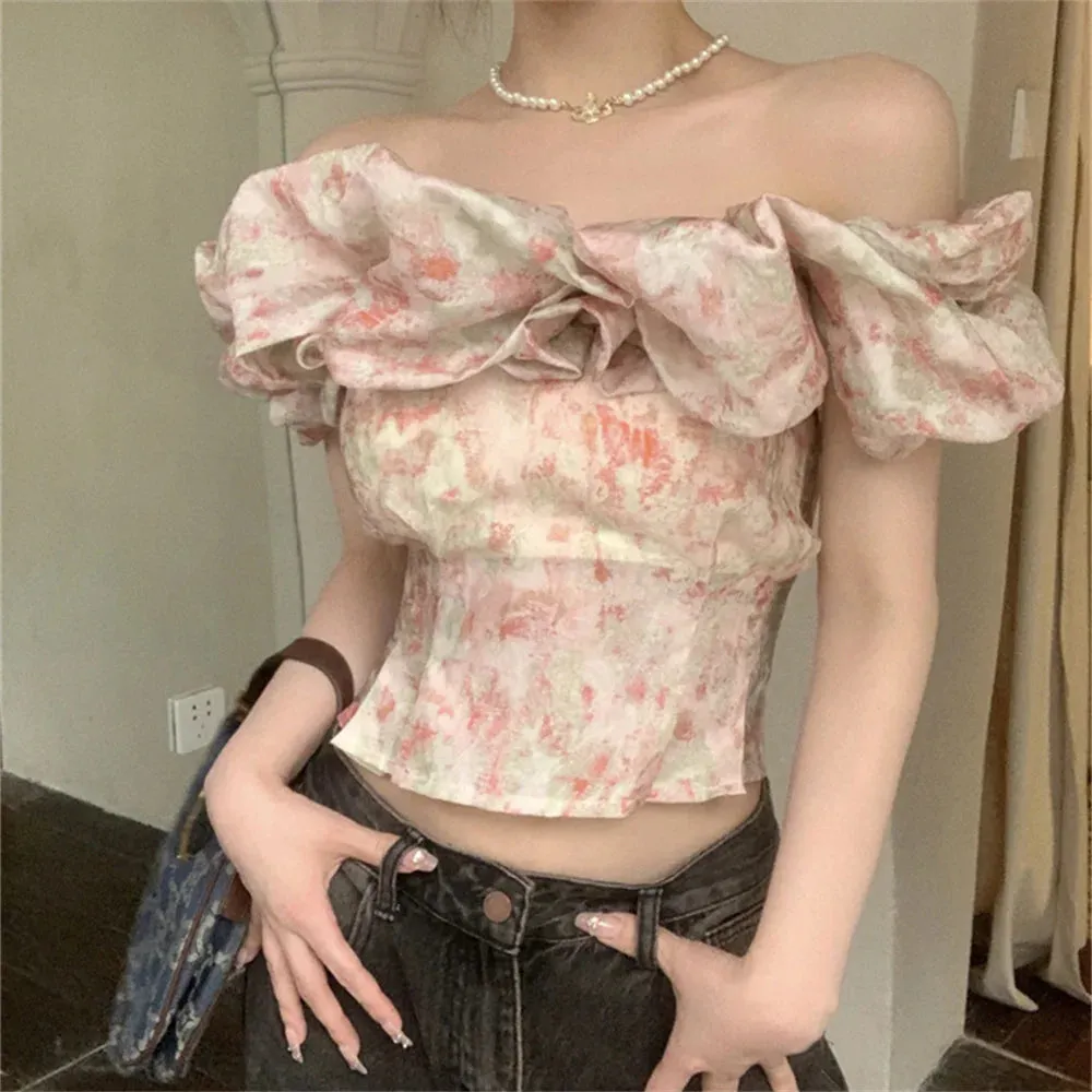Girlary S-M Women Slash Neck Florals Blouses Summer Off Shoulders Short Sleeve Sweet Party Ruffles Slim New Daily Mujer