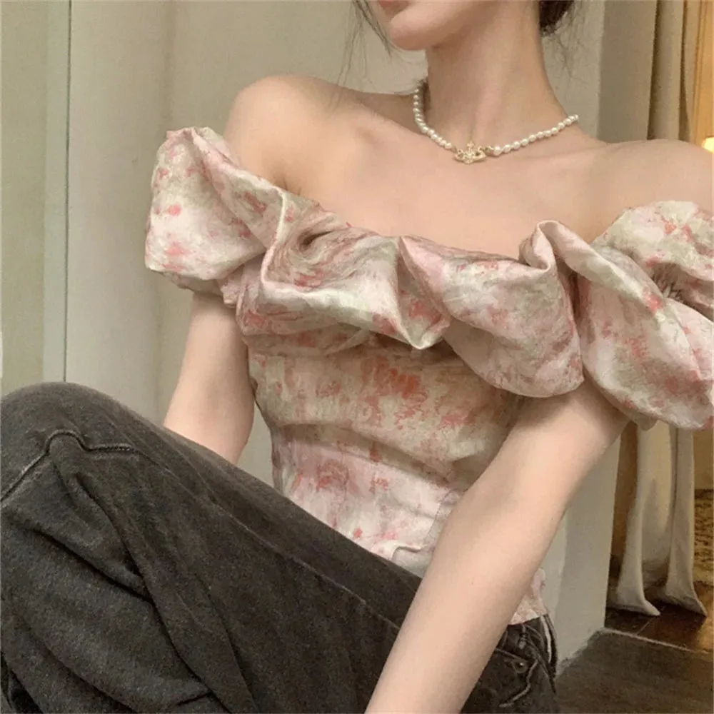 Girlary S-M Women Slash Neck Florals Blouses Summer Off Shoulders Short Sleeve Sweet Party Ruffles Slim New Daily Mujer