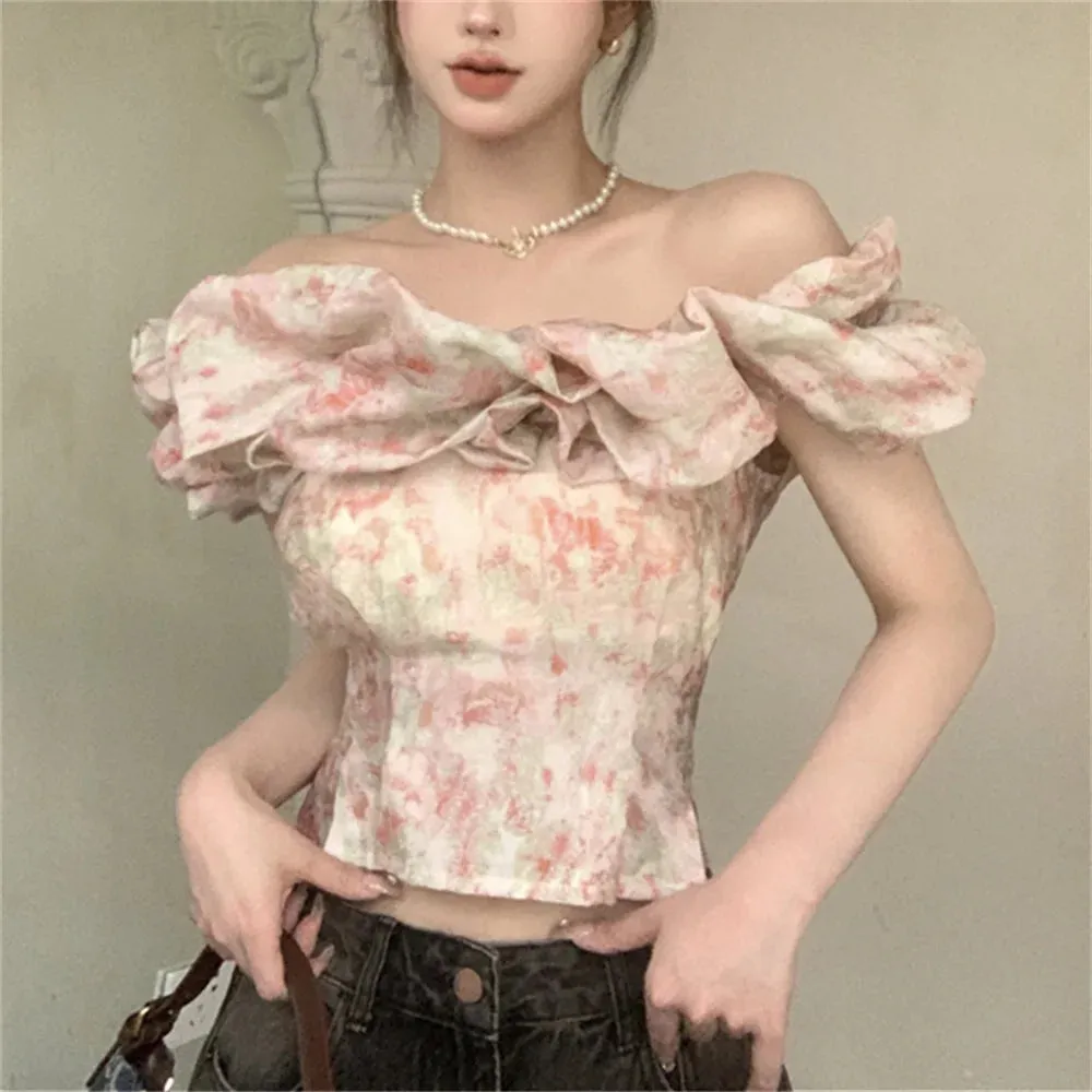 Girlary S-M Women Slash Neck Florals Blouses Summer Off Shoulders Short Sleeve Sweet Party Ruffles Slim New Daily Mujer