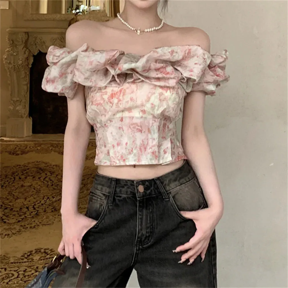 Girlary S-M Women Slash Neck Florals Blouses Summer Off Shoulders Short Sleeve Sweet Party Ruffles Slim New Daily Mujer