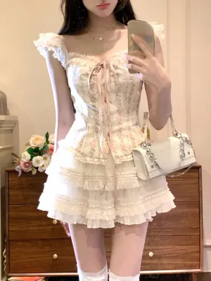 Girlary Summer Sweet Lace Print 2 Piece Set Women Bow Strappy Tops   Cake Mini Skirts Female Fashion Chic Kawaii Streetwear Suits 2024