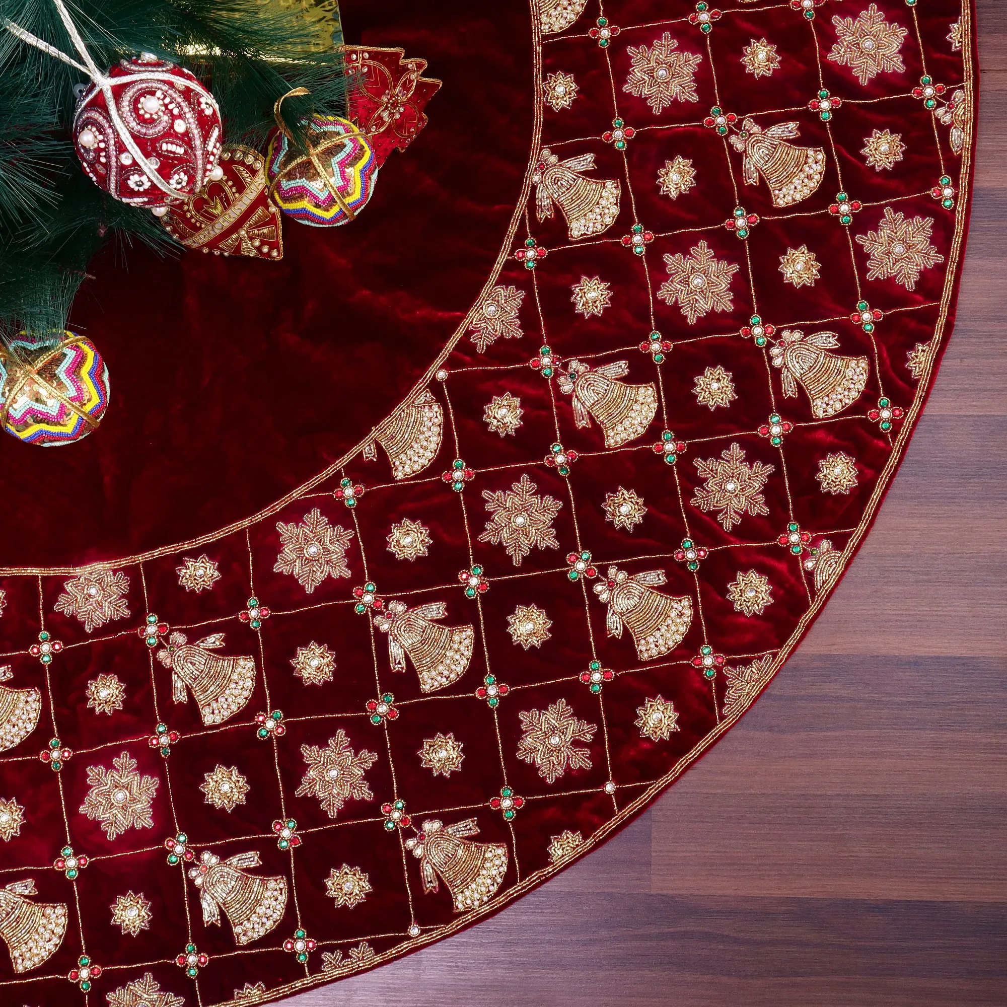 Jingle Bell & Snowflake Grace Red Velvet Christmas Tree Skirt