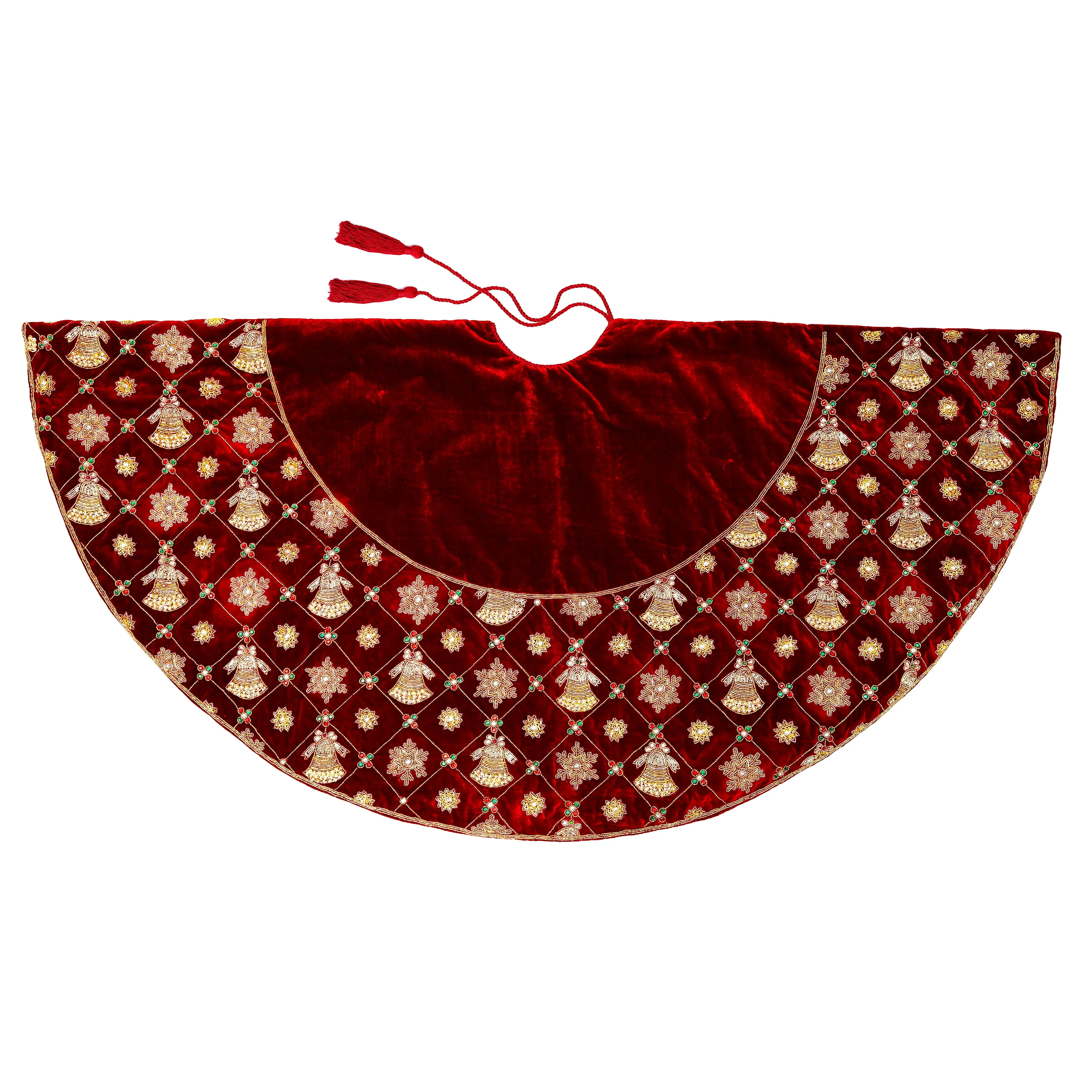 Jingle Bell & Snowflake Grace Red Velvet Christmas Tree Skirt