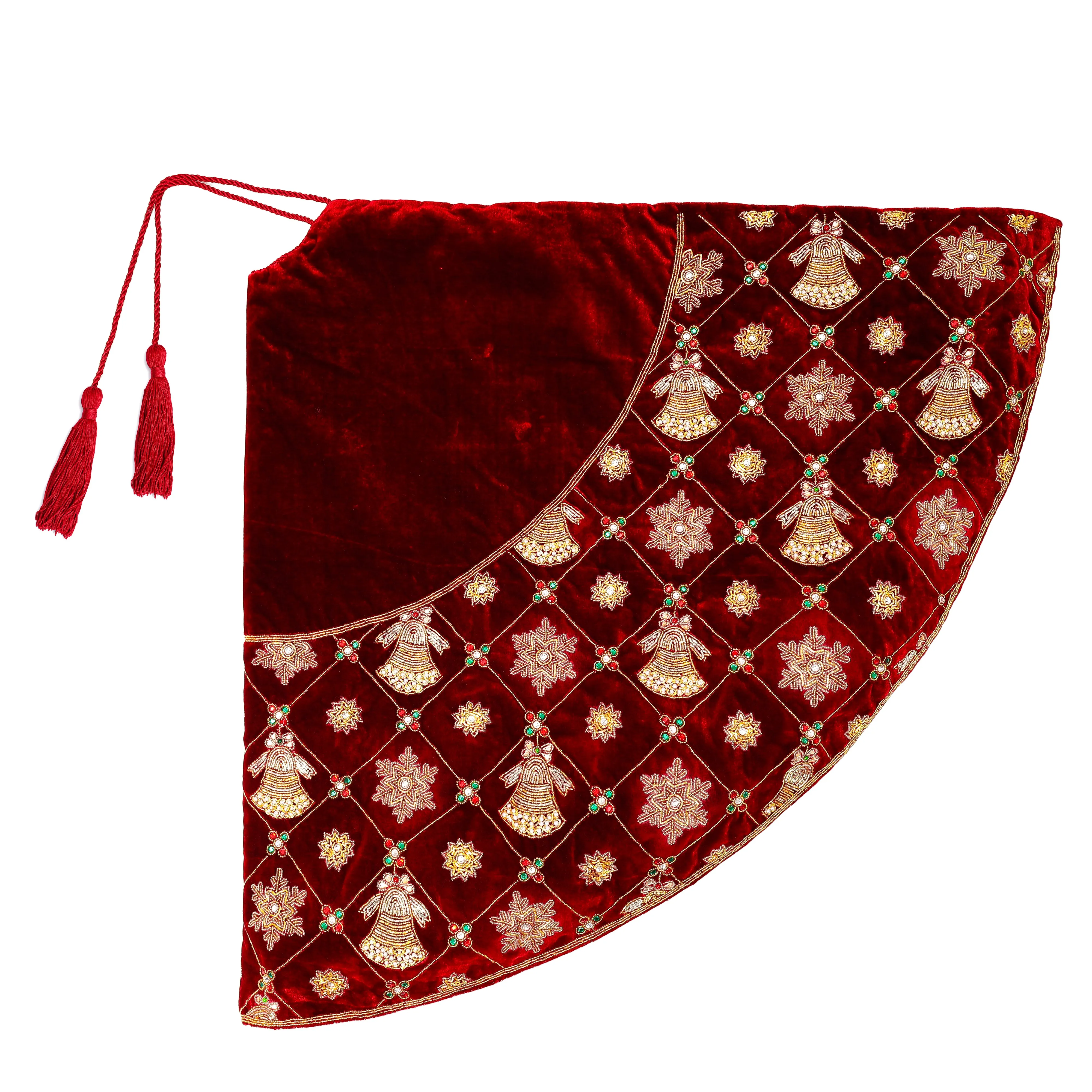 Jingle Bell & Snowflake Grace Red Velvet Christmas Tree Skirt