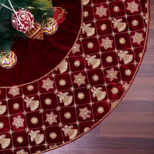 Jingle Bell & Snowflake Grace Red Velvet Christmas Tree Skirt
