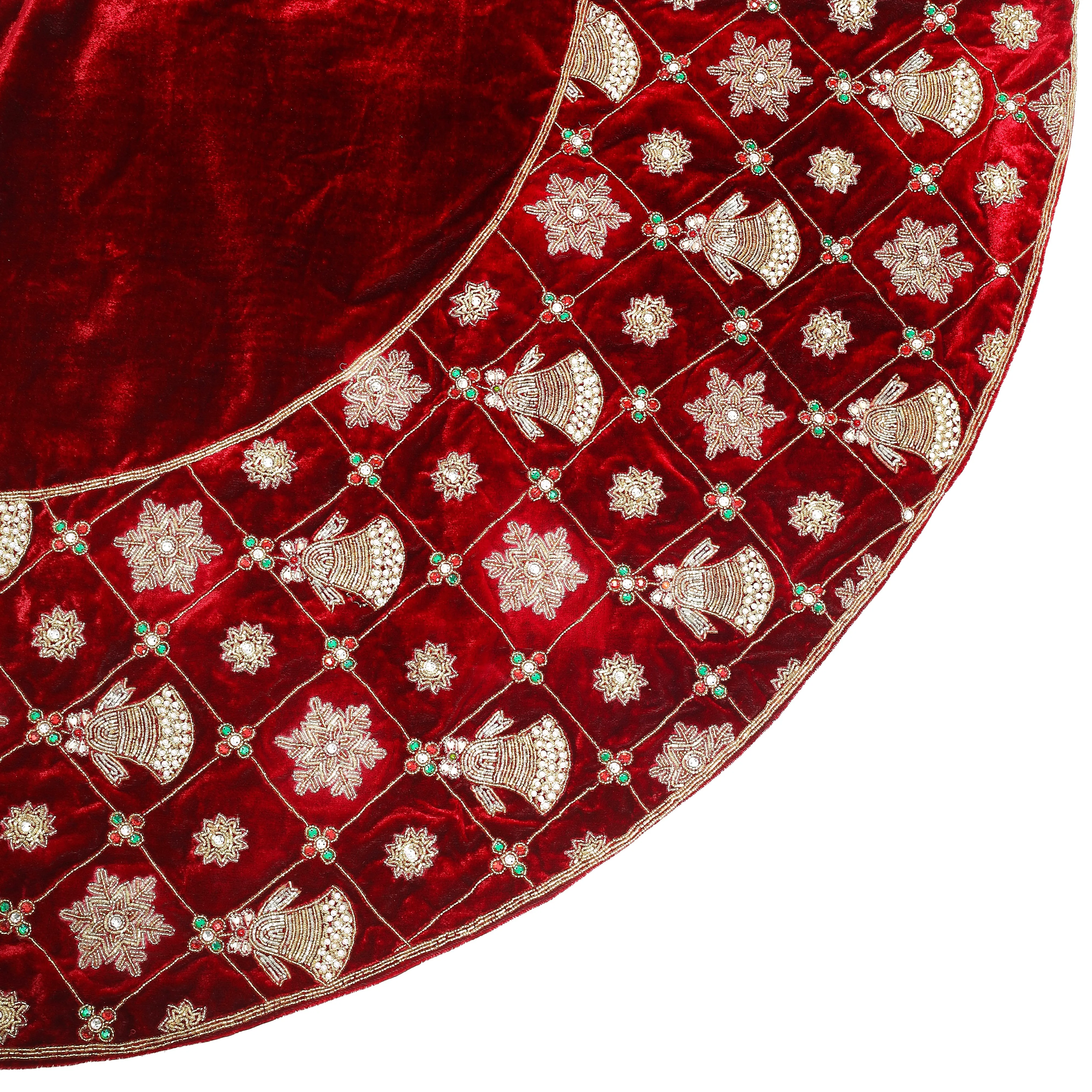 Jingle Bell & Snowflake Grace Red Velvet Christmas Tree Skirt