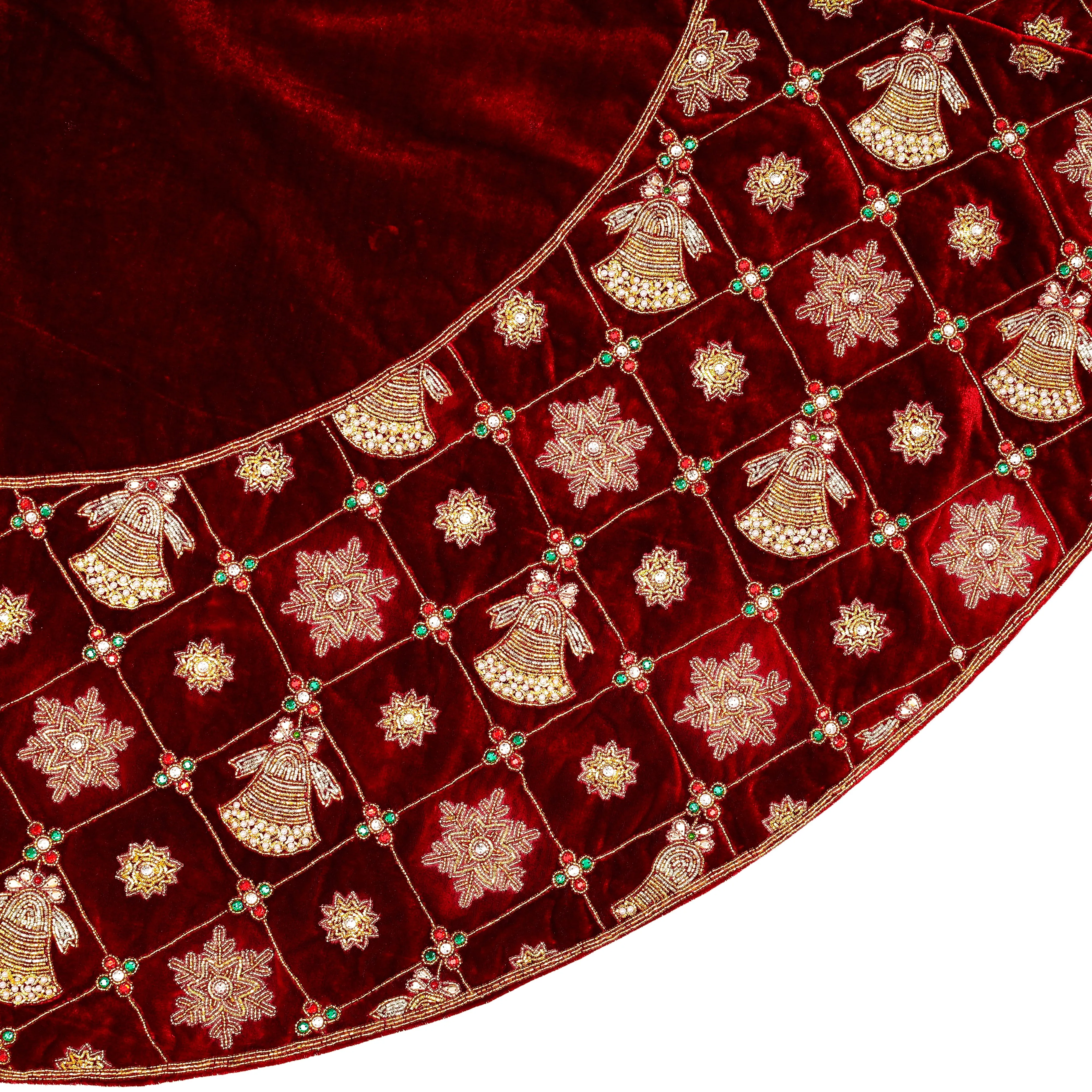 Jingle Bell & Snowflake Grace Red Velvet Christmas Tree Skirt