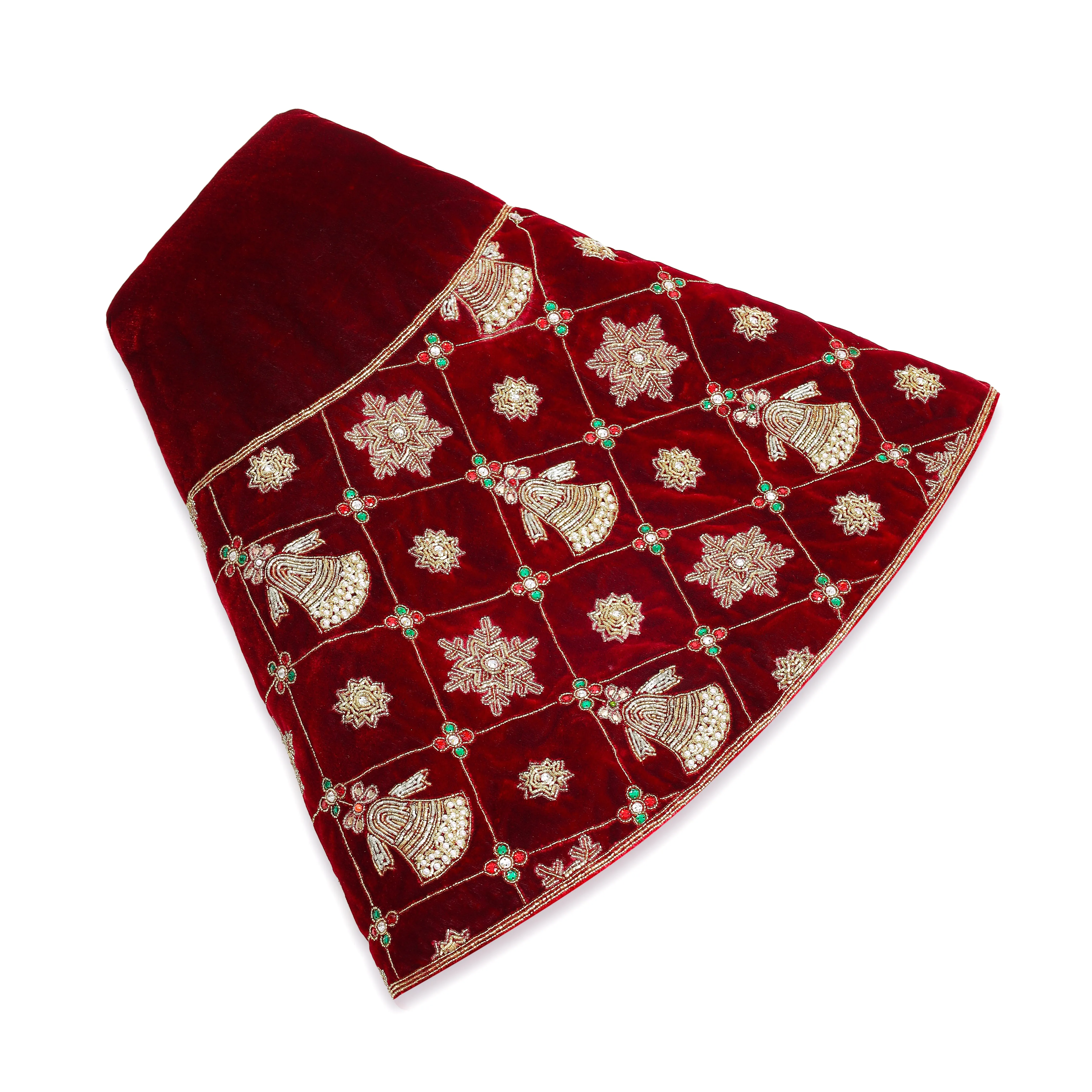 Jingle Bell & Snowflake Grace Red Velvet Christmas Tree Skirt
