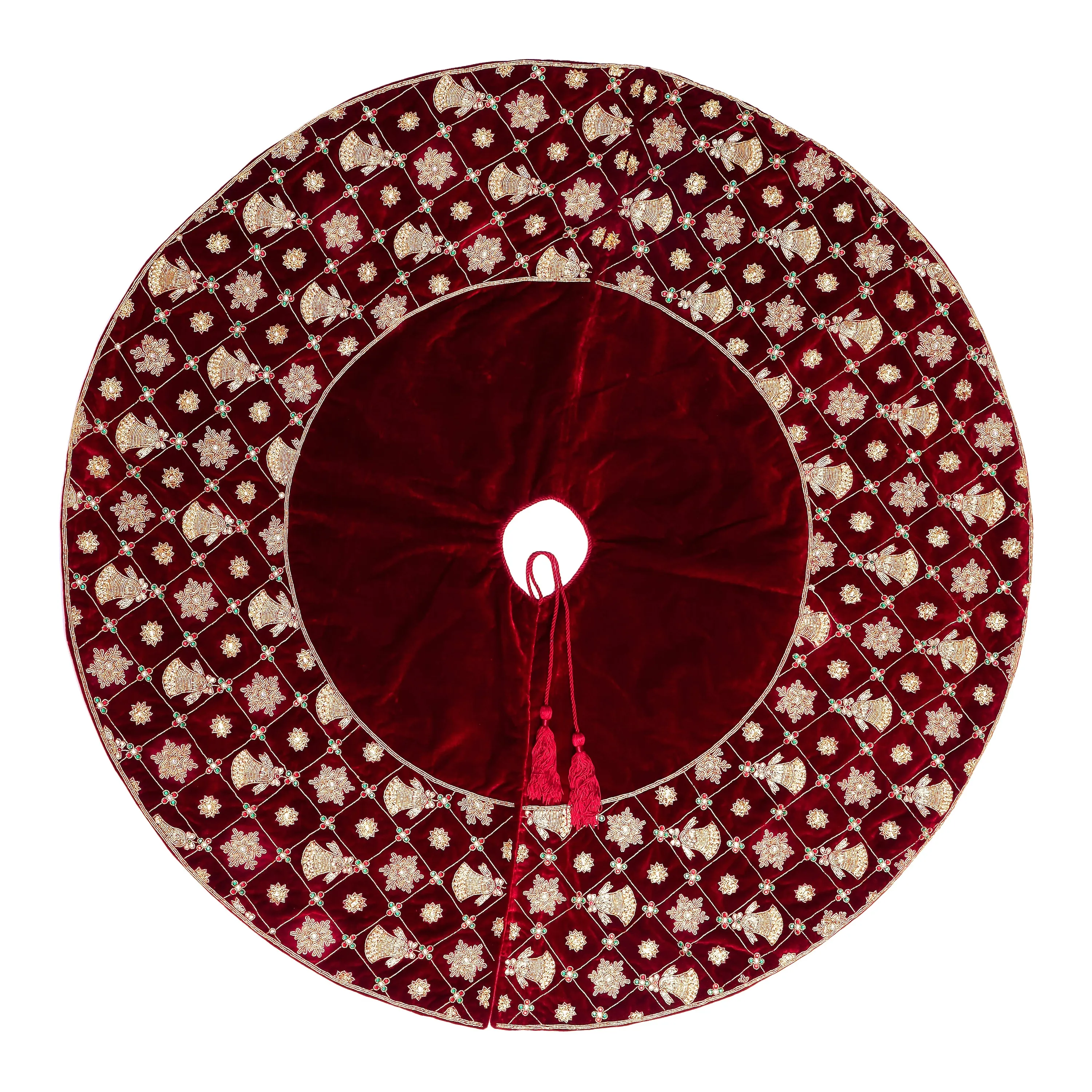 Jingle Bell & Snowflake Grace Red Velvet Christmas Tree Skirt