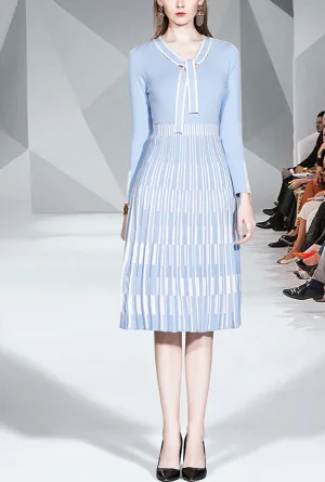 Knit Lace-Up Sweatshirt & Stripe Pleated Skirt Two Piece Set