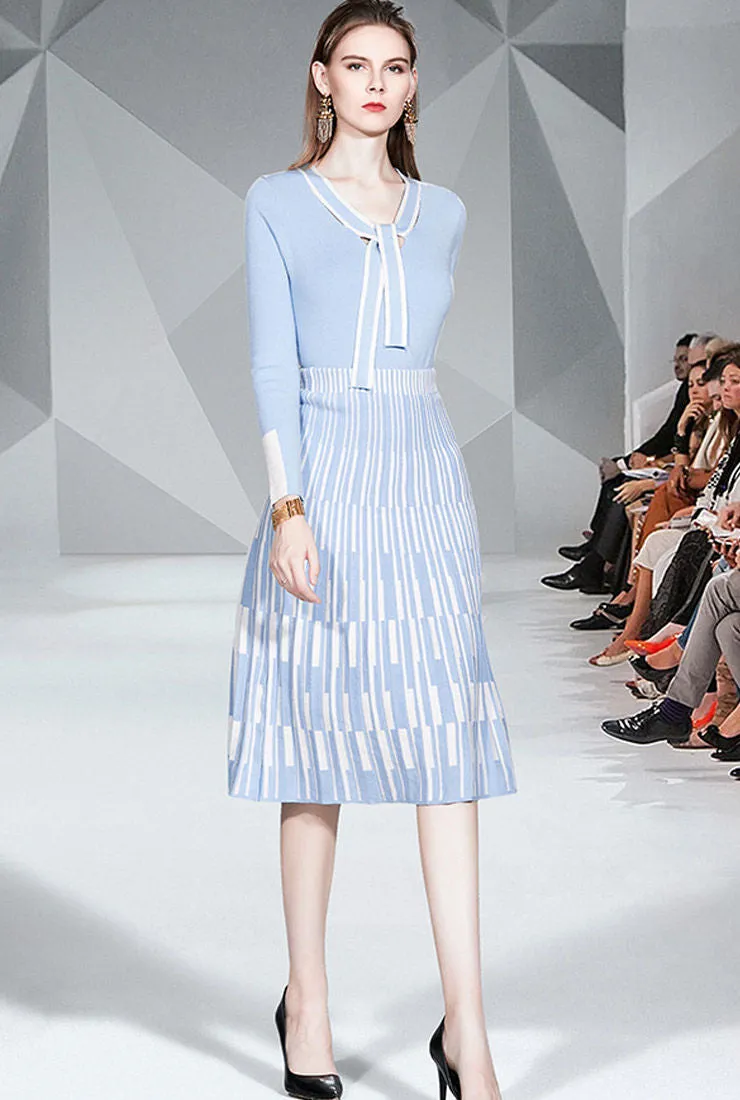 Knit Lace-Up Sweatshirt & Stripe Pleated Skirt Two Piece Set