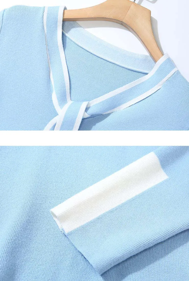 Knit Lace-Up Sweatshirt & Stripe Pleated Skirt Two Piece Set