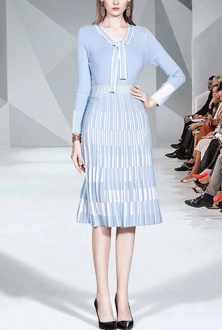 Knit Lace-Up Sweatshirt & Stripe Pleated Skirt Two Piece Set