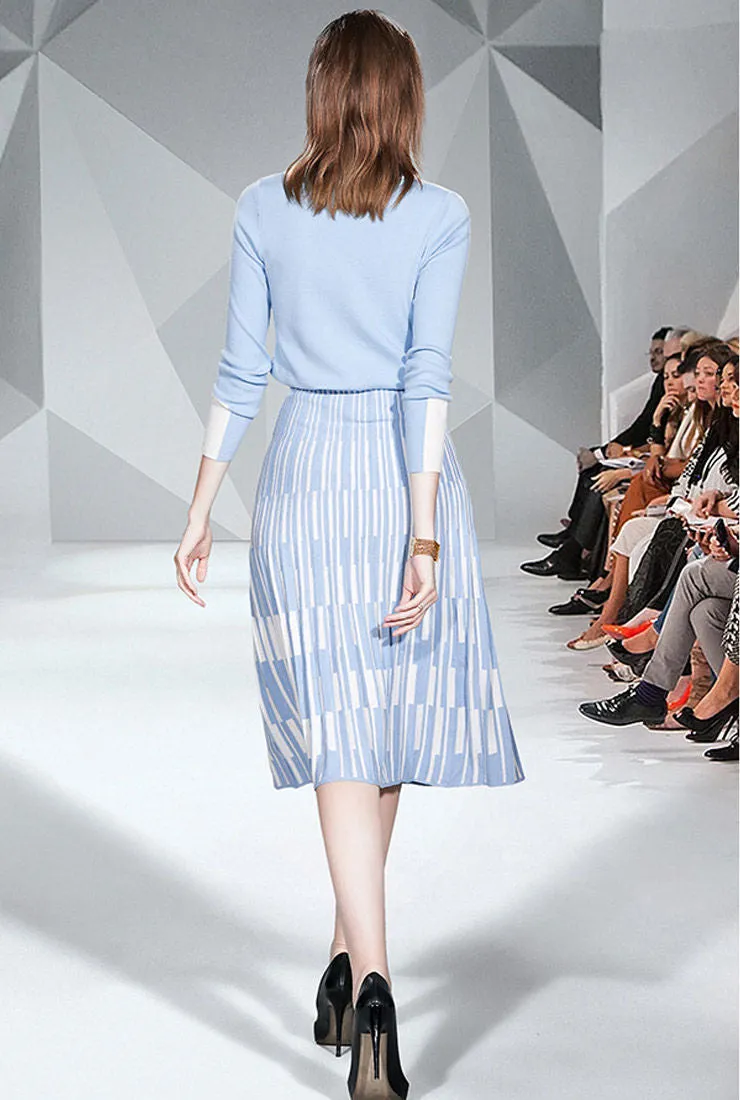 Knit Lace-Up Sweatshirt & Stripe Pleated Skirt Two Piece Set