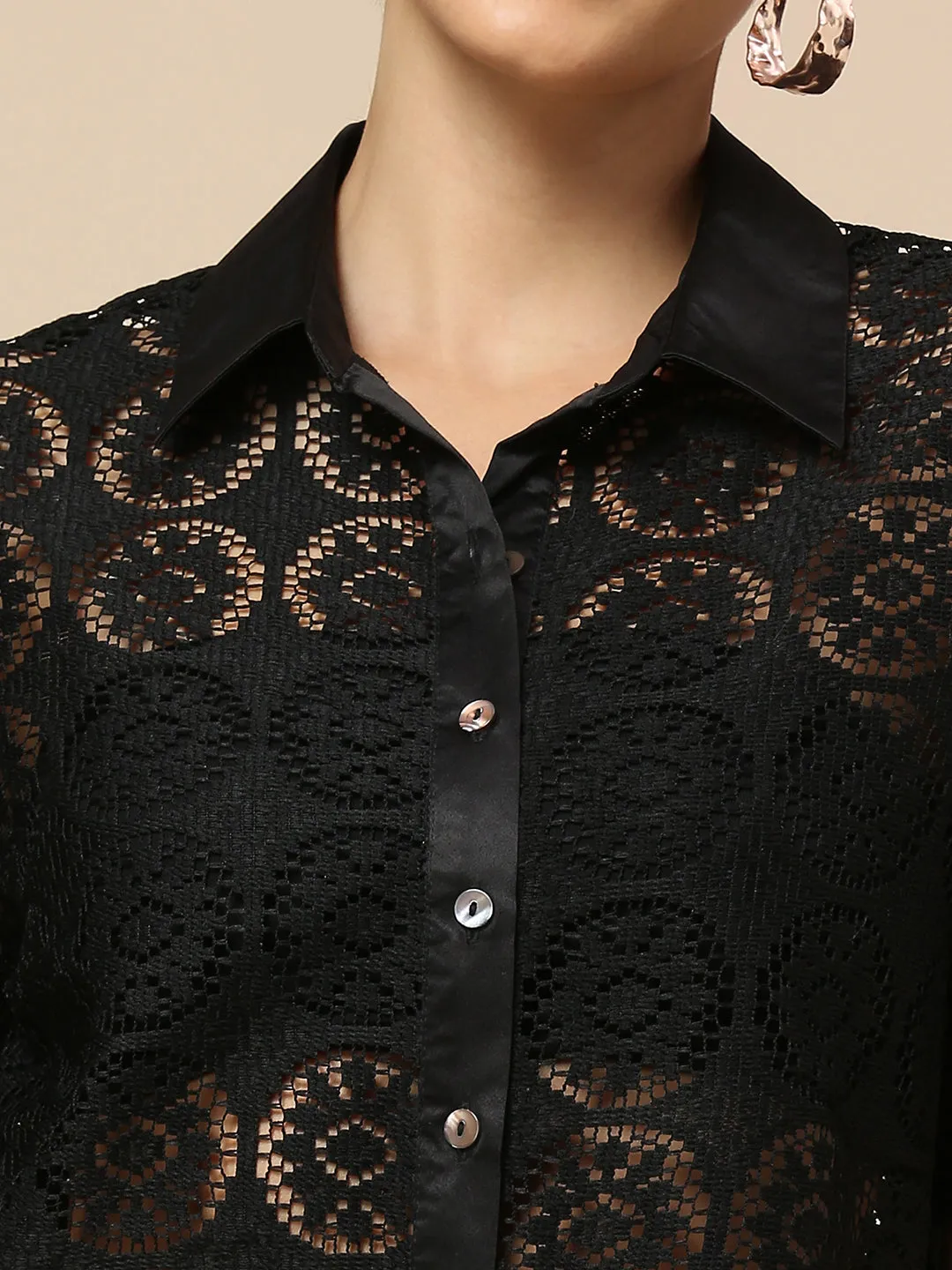 LACE HEAD TO TOE CO-ORD SET WITH SATIN TRIMMED SHIRT & LINED PULL ON PANTS