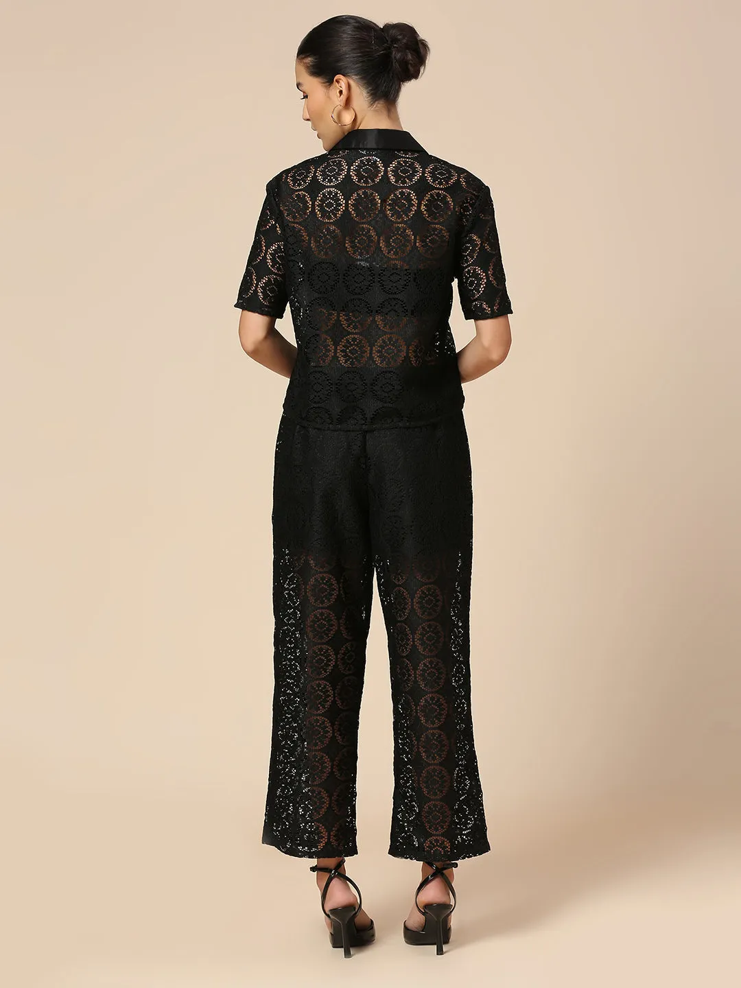 LACE HEAD TO TOE CO-ORD SET WITH SATIN TRIMMED SHIRT & LINED PULL ON PANTS