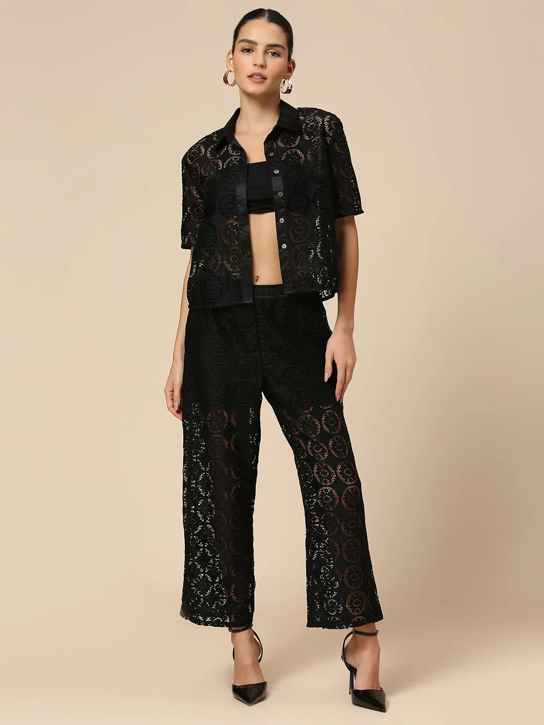 LACE HEAD TO TOE CO-ORD SET WITH SATIN TRIMMED SHIRT & LINED PULL ON PANTS