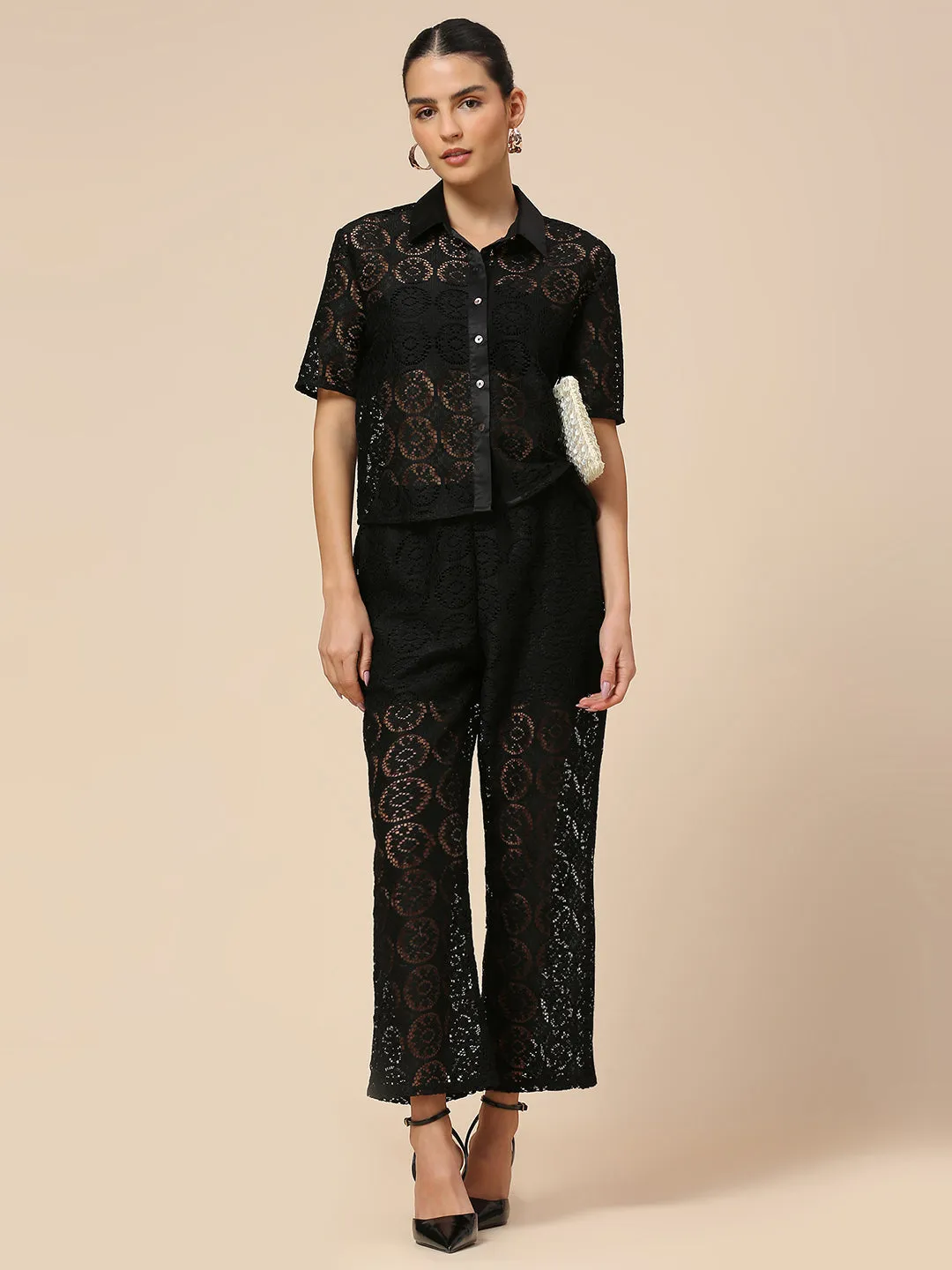 LACE HEAD TO TOE CO-ORD SET WITH SATIN TRIMMED SHIRT & LINED PULL ON PANTS