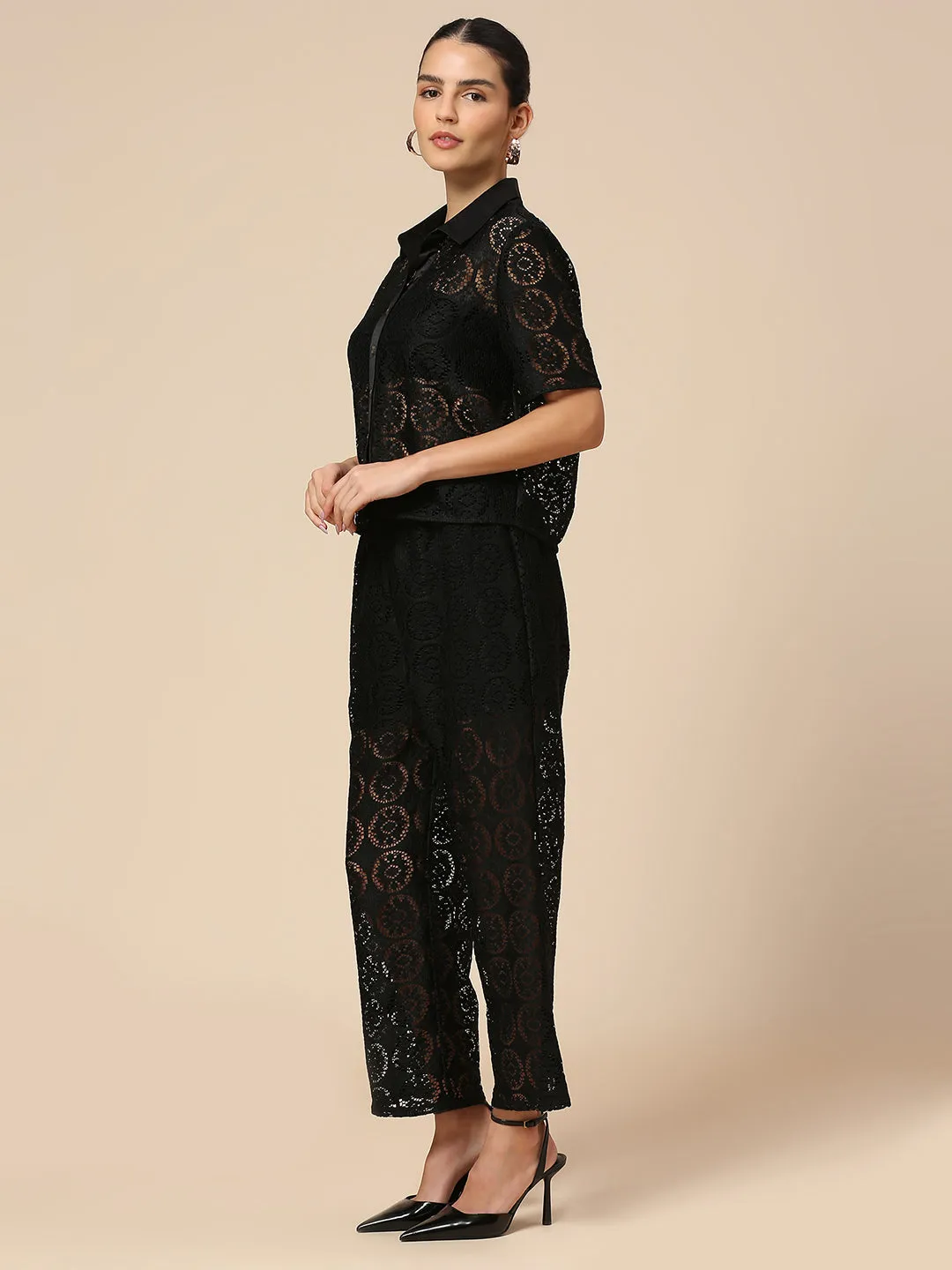 LACE HEAD TO TOE CO-ORD SET WITH SATIN TRIMMED SHIRT & LINED PULL ON PANTS
