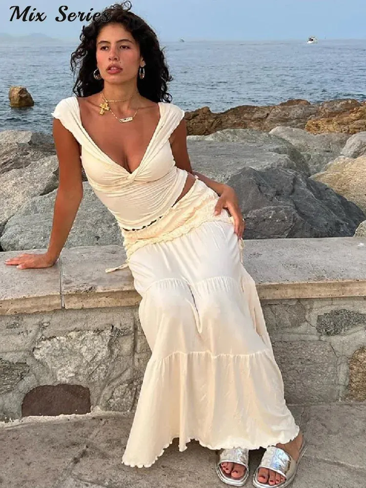 Lady Glams Pleated Ruffles Crop Top and Long Skirt Suit for Women - Sexy Off-Shoulder Sleeveless Backless Skirt Set 2024 Summer Lady Beach Outfit