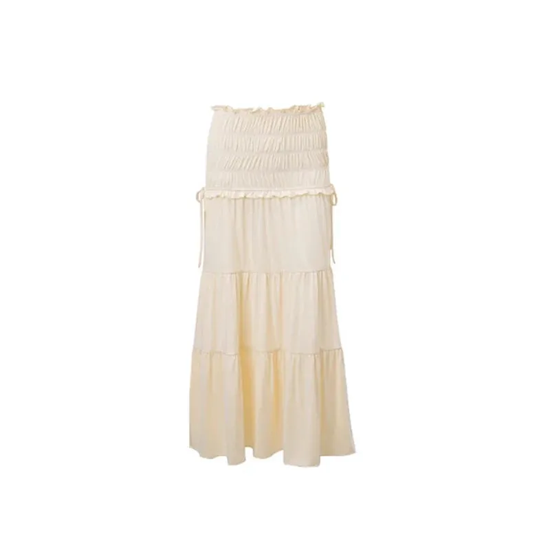 Lady Glams Pleated Ruffles Crop Top and Long Skirt Suit for Women - Sexy Off-Shoulder Sleeveless Backless Skirt Set 2024 Summer Lady Beach Outfit