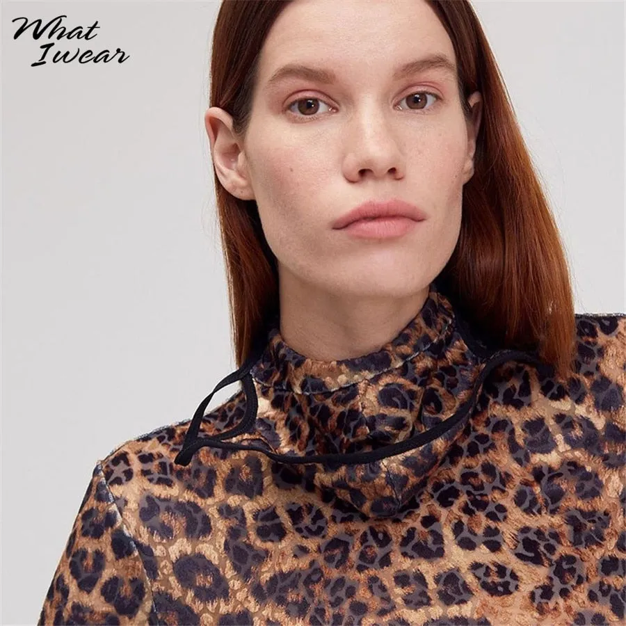 Leopard Print Woman Tshirts With Mask Gloves Chic Casual Y2k Top Long Sleeve Stretchy Shirt Female Fashion Tees Harajuku