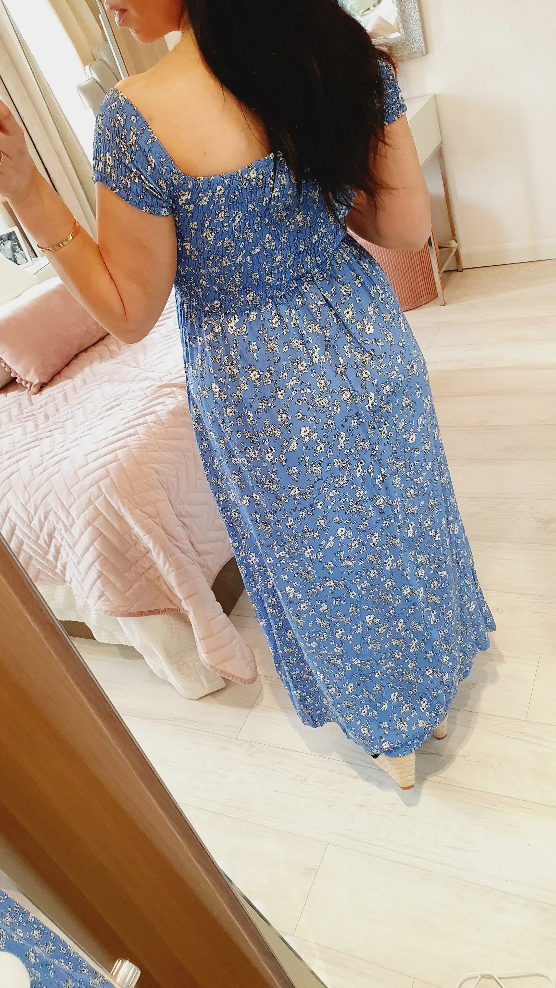 Lewis Blue Floral Print  Elasticated Split Maxi Dress