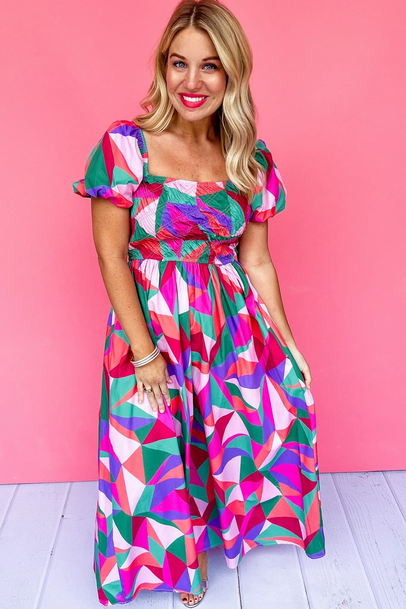 Multi Color Geometric Smocked Puff Sleeve Midi Dress