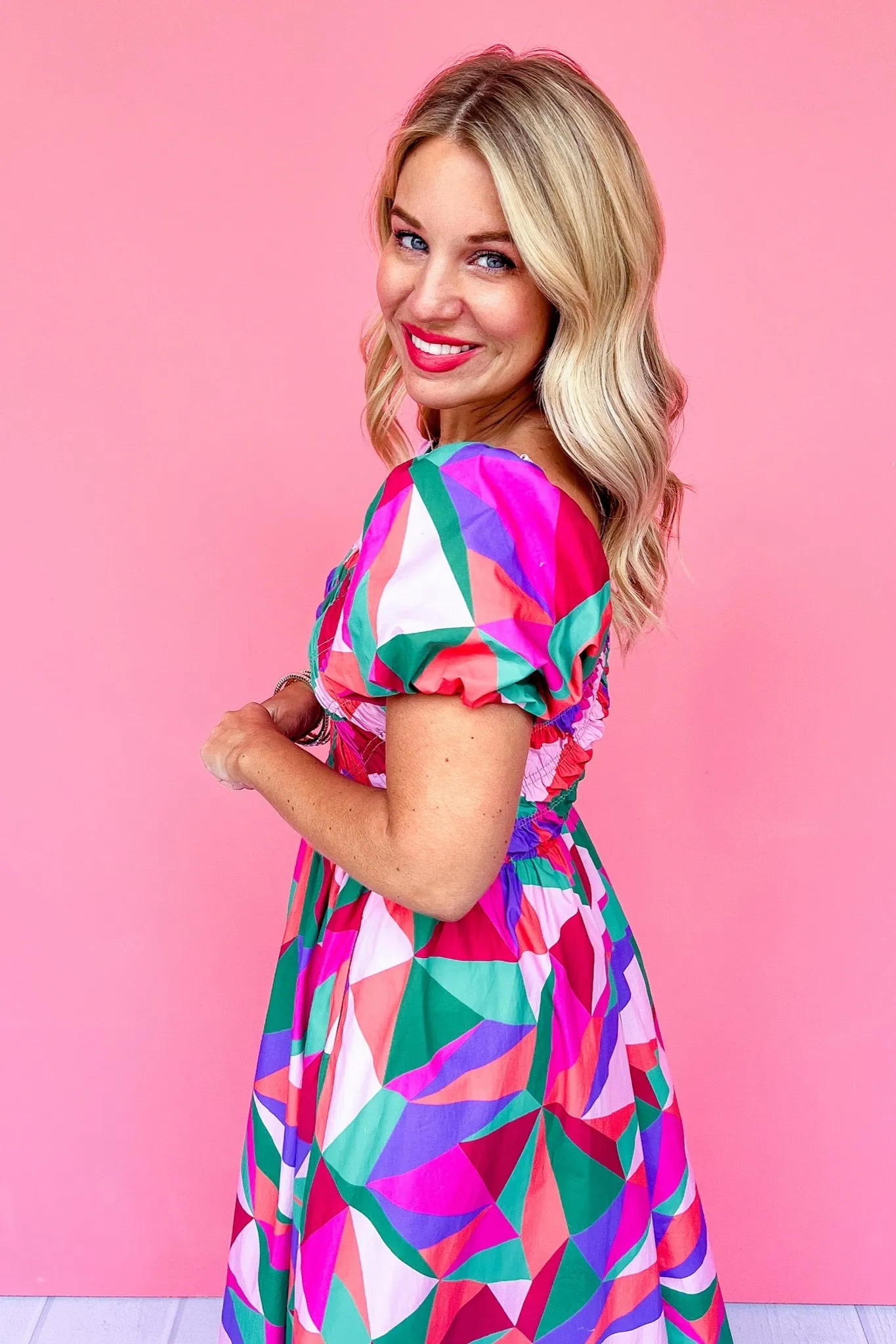Multi Color Geometric Smocked Puff Sleeve Midi Dress