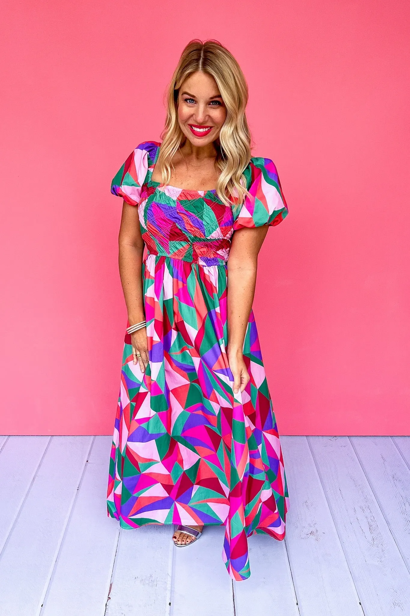 Multi Color Geometric Smocked Puff Sleeve Midi Dress