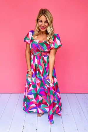 Multi Color Geometric Smocked Puff Sleeve Midi Dress