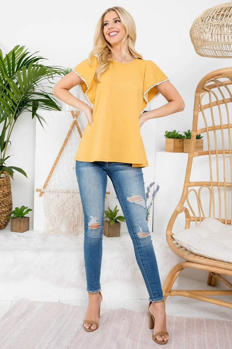 Mustard Pom Detailed Sleeve Top