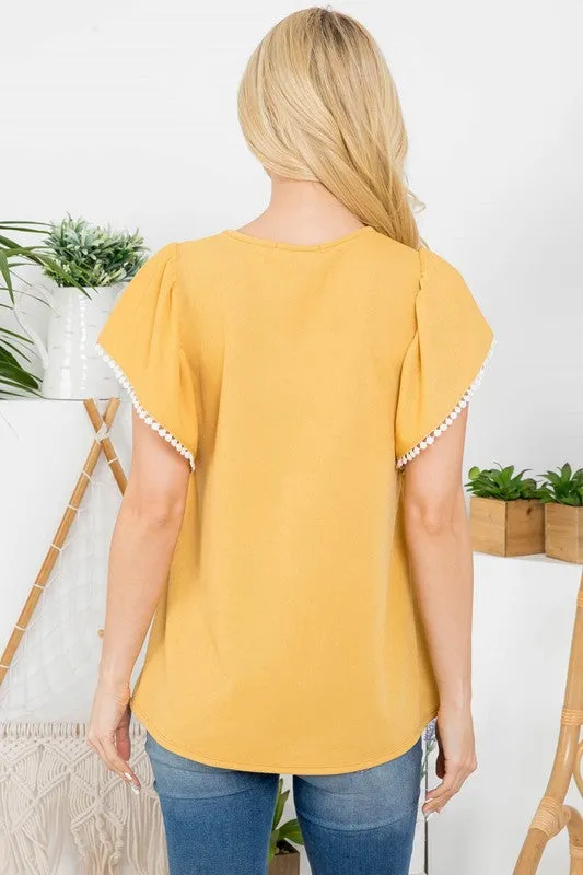 Mustard Pom Detailed Sleeve Top