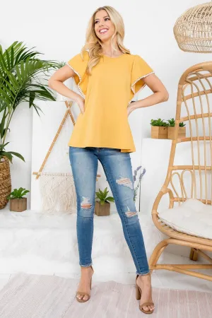 Mustard Pom Detailed Sleeve Top