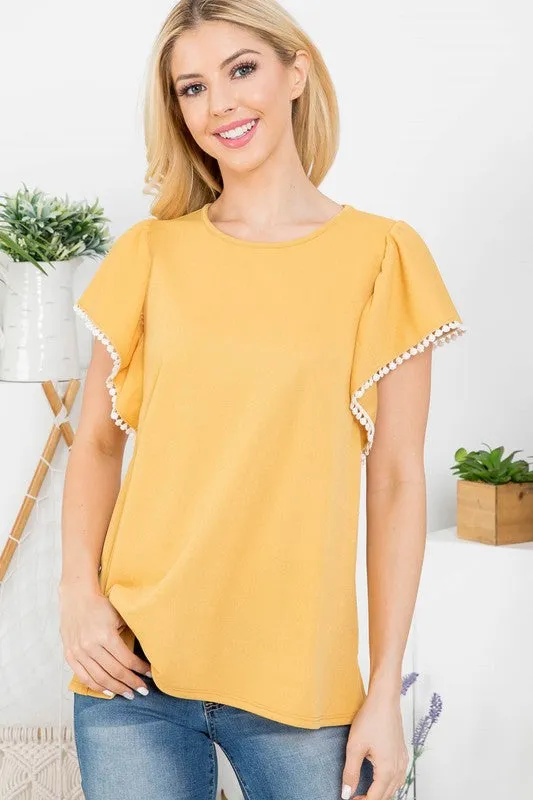 Mustard Pom Detailed Sleeve Top