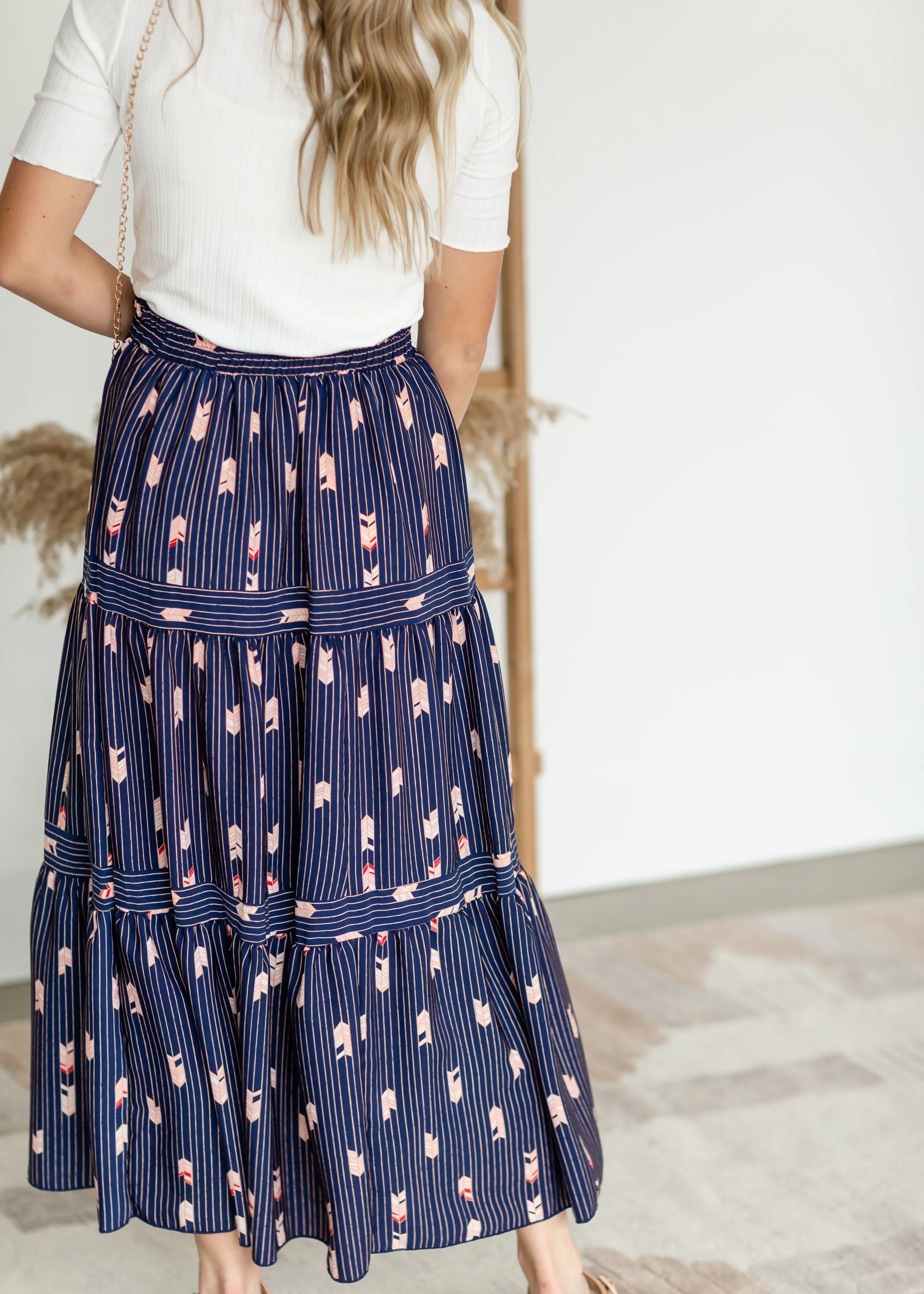 Navy Striped Tiered Midi Skirt