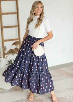 Navy Striped Tiered Midi Skirt