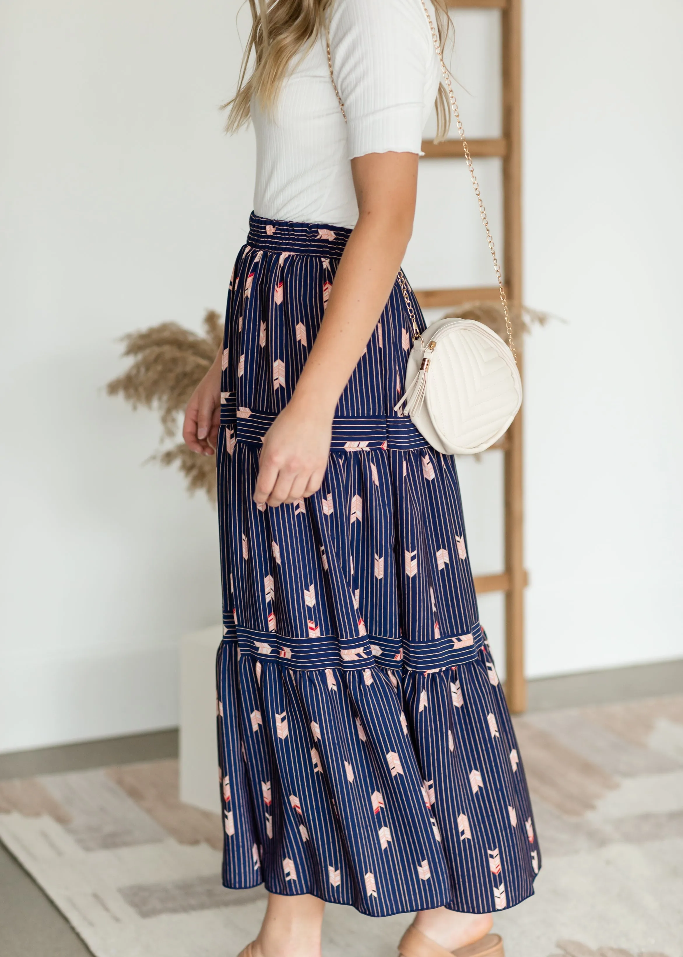 Navy Striped Tiered Midi Skirt