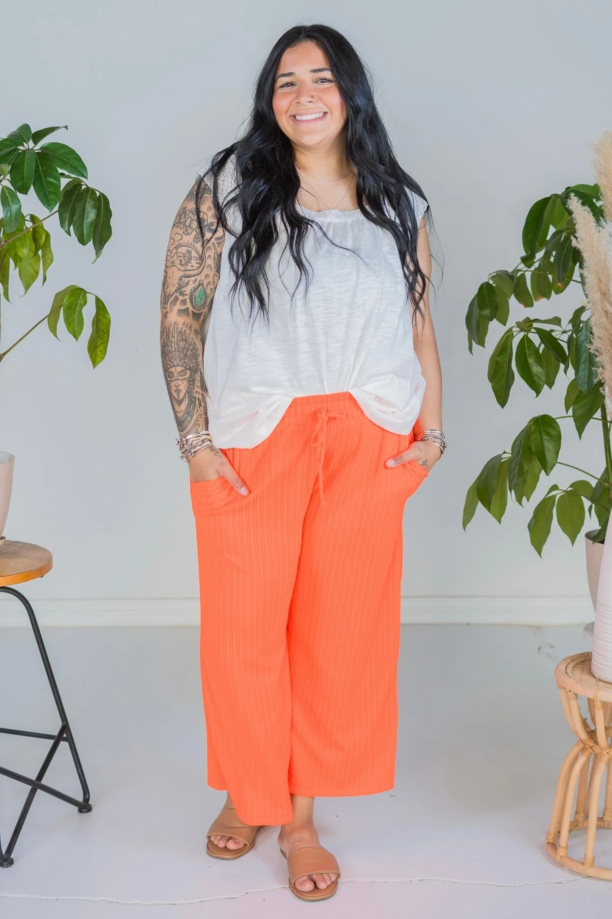 Neon Orange Cropped Wide Leg Twist Rib Pants With Pockets FINAL SALE