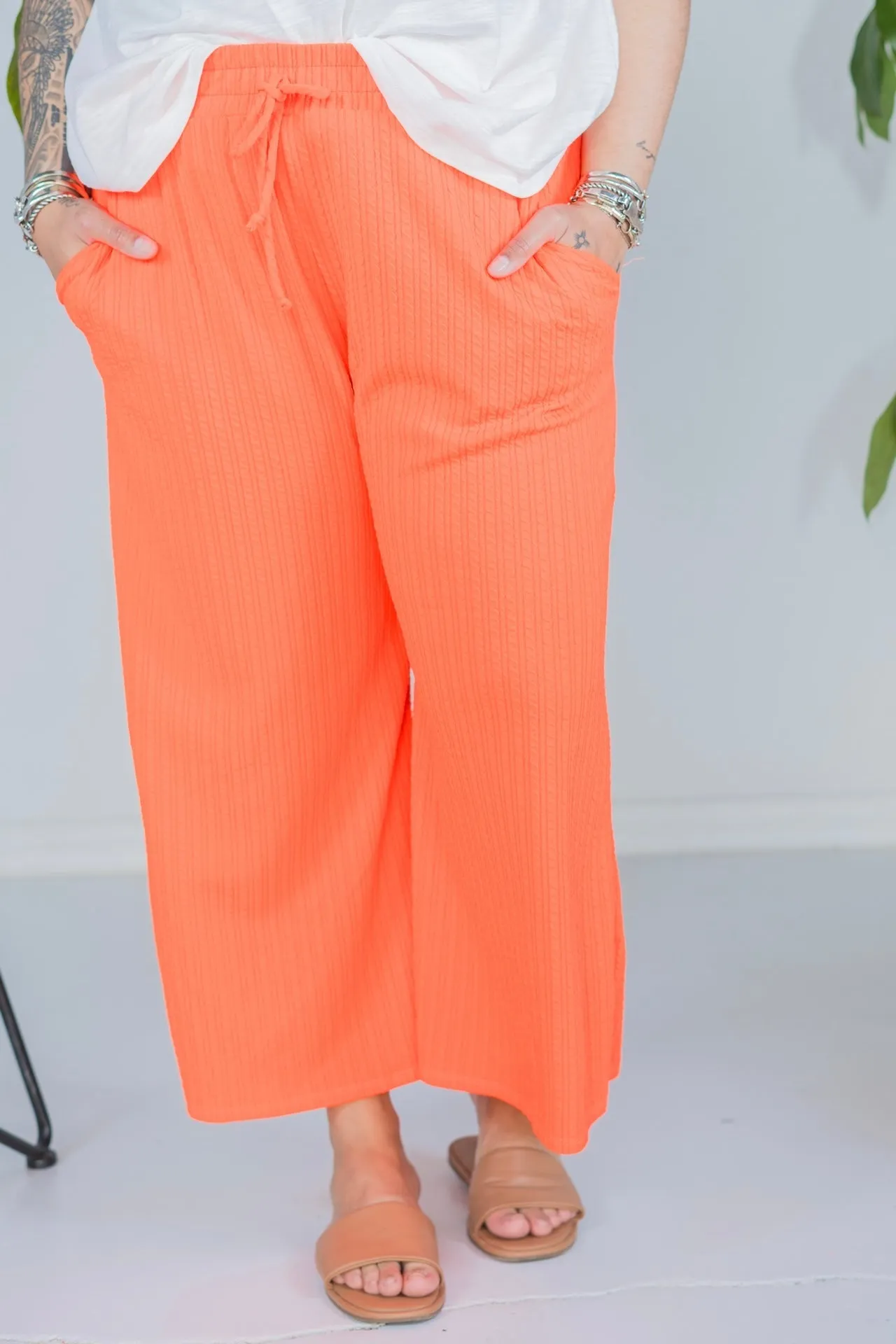 Neon Orange Cropped Wide Leg Twist Rib Pants With Pockets FINAL SALE