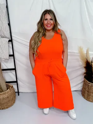 Neon Orange Cropped Wide Leg Twist Rib Pants With Pockets FINAL SALE