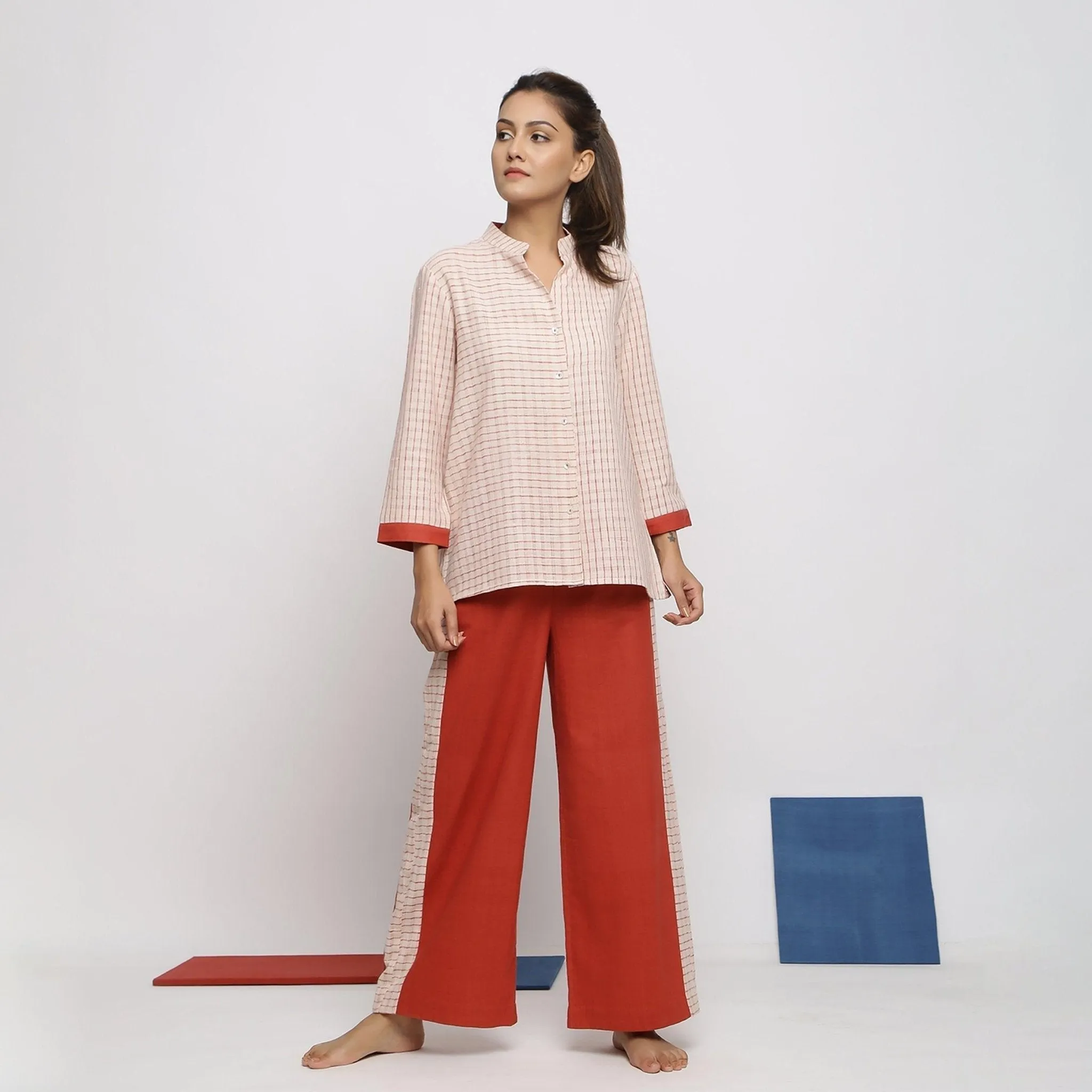 Off-White and Red Vegetable Dyed Cotton Mandarin Collar Shirt