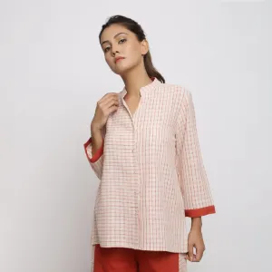 Off-White and Red Vegetable Dyed Cotton Mandarin Collar Shirt